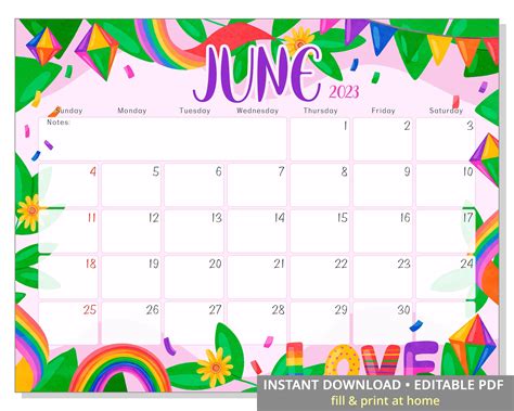 Editable June Calendar Lgbt Pride Month Planner With Rainbow