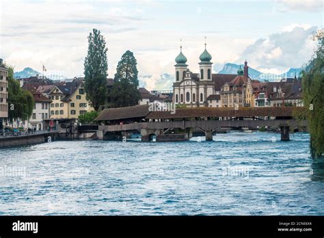 Reuss River With The Spreuer Bridge And Jesuit Church Lucerne Luzern