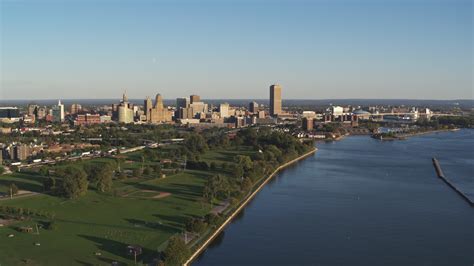 5 7k stock footage aerial video a wide view of the city s skyline in downtown buffalo new york