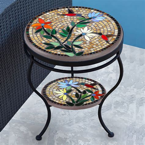 Knf Caramel Hummingbird Mosaic Side Table Tiered Iron Accents
