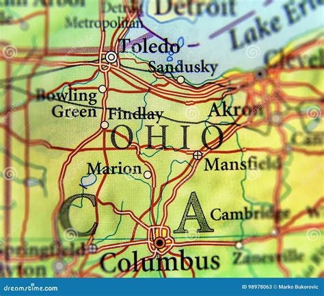 Geographic Map Of Us State Ohio And City Columbus And Toledo City Stock