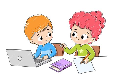 Niños Haciendo La Tarea Con Una Computadora Un Libro Y Un Lápiz