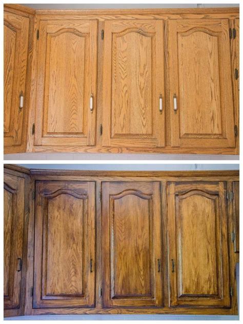 Gel stain honey oak cabinets. Farmhouse style antique kitchen. | Staining oak cabinets ...