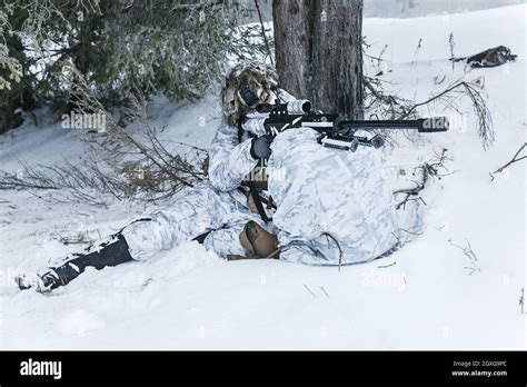 Winter Arctic Mountains Warfare Action In Cold Conditions Sniper With
