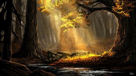 Waldwald Fluss Bäume Sonnenlicht Kunst Natur Hd Widescreen High