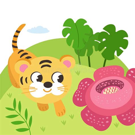 Cute Tiger Cub In Nature Animal In Cartoon Style For Design Vector