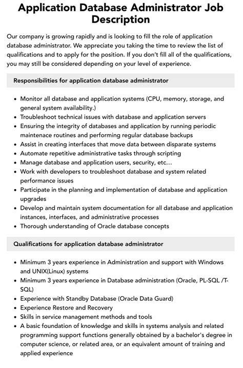 Application Database Administrator Job Description Velvet Jobs