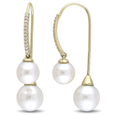 Round Pearl Diamond Dangling Earrings K Yellow Gold Ct De