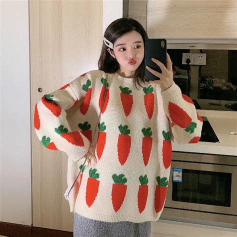 Womens Clothing Cute Kawaii Thick Loose Carrot Embroidery Sweater Lady
