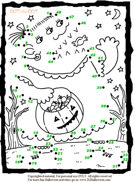 On the left each dot lines must always join two different dots in the same hexagon, but they don't need to be straight. Trick or Treat Halloween Monster Dot-to-Dot