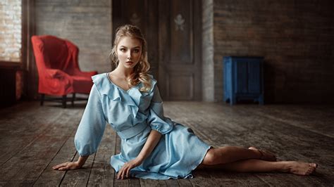 Free Download HD Wallpaper Woman Wearing Blue Long Sleeved Dress Alice Tarasenko Georgy