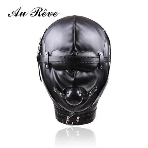 Black Pu Leather Full Gimp Hooded Mask Sexy Mask Blindfold Mouth Gag Muzzles Restraint Slave
