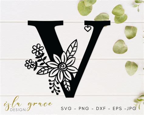 V Floral Alphabet Svg Flower Wedding Monogram Cut File Etsy