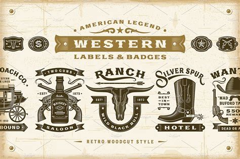Vintage Western Labels And Badges Set Texture Illustrations Creative