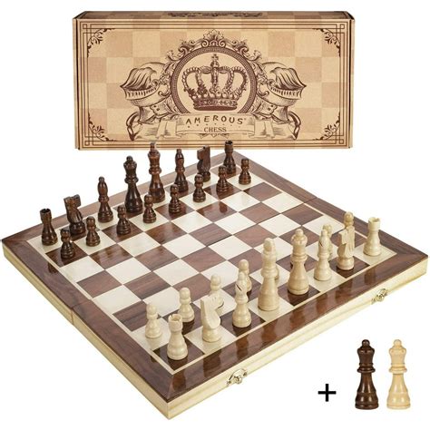 Amerous 15 Inches Magnetic Wooden Chess Set 2 Extra Queens Folding