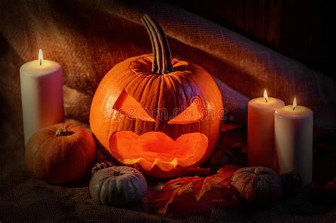 Halloween Pumpkin Head With Burning Candles Stock Image Image Of