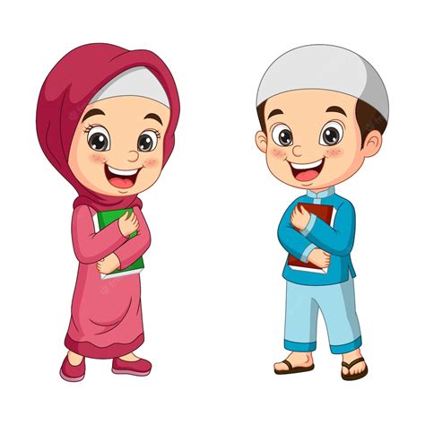 Dessin Animé Enfants Musulmans Tenant Le Livre Du Coran Vecteur Premium