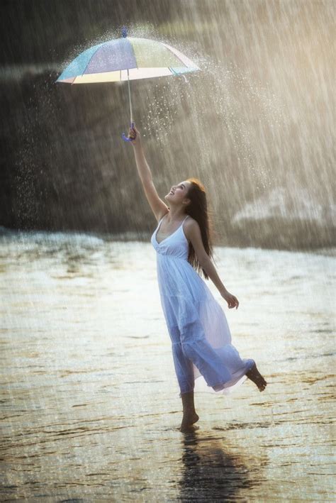 Pretty Young Woman With Rainbow Umbrella Under Summer Rain Umbrella Photoshoot Rainy Day