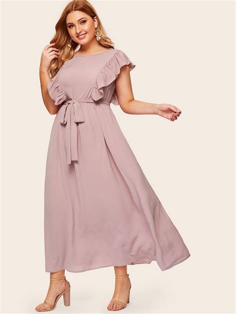 Plus Solid Ruffle Trim Belted Dress Belted Dress Dress Plus Size Dresses