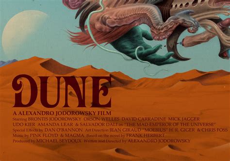A Poster For Dune With An Image Of A Dragon Attacking A Man In The Desert