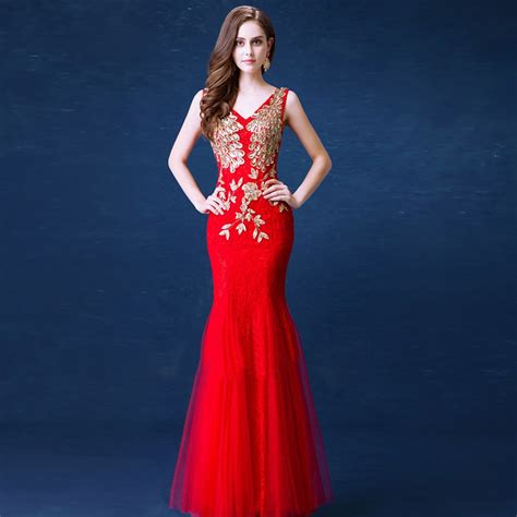 Fashion 2016 Sexy Red Lace Mermaid Prom Dresses V Neck Sleeveless
