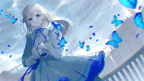 Anime Girl Blue Eyes Butterfly Dress Long Hair White Hair Hd Wallpaper Peakpx