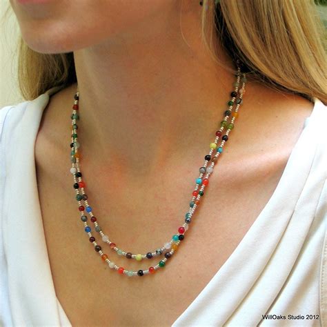 Multi Colored Bead Necklace Colorful Long Stone Beaded Etsy