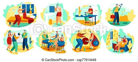 Daily Routine Of Man Cartoon Character Vector Illustration Daily