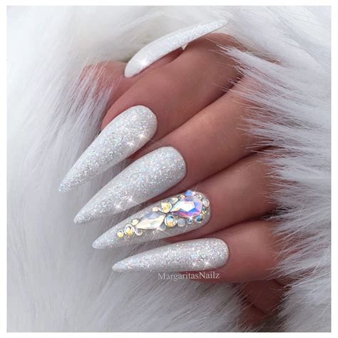 White Glitter Almond Nails Bling Stilettos Winter Nail Art Design
