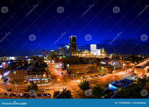 Okc Downtown Skyline Cityscape At Sunset Stock Photo Image Of Campus