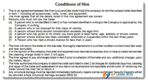 camper trailer rental hire agreement form contract
