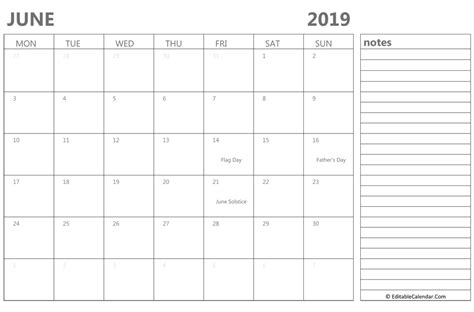 Fillable June 2019 Calendar Printable