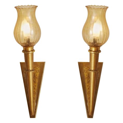 Pair Of Gold Torch Sconces With Amber Glass Tulip Shades France 20th