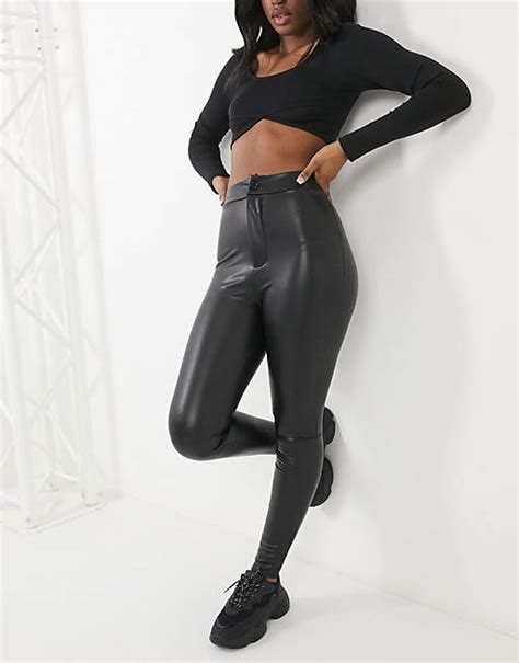 asos design super tight sculpting high waist leather look skinny pants in black asos