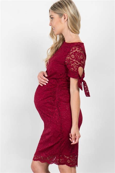 Burgundy Lace Overlay Sleeve Tie Fitted Maternity Dress Fitted