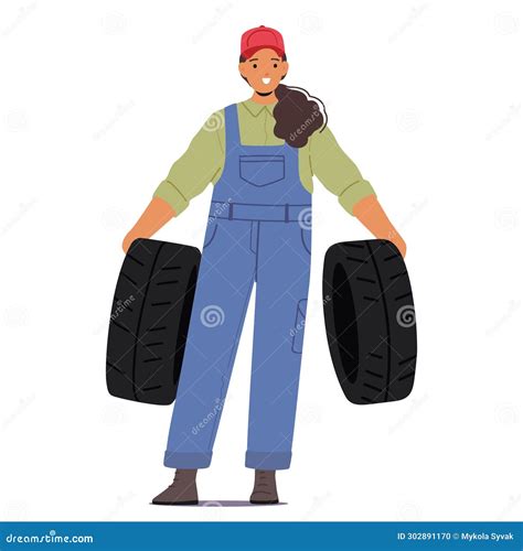 Skilled Woman Garage Mechanic Confidently Holding Tires Her Grease