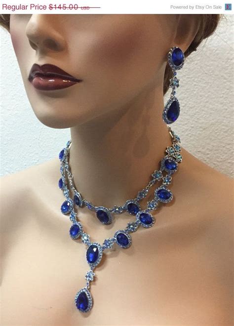 Wedding Jewelry Set Vintage Inspired Royal Blue Crystal Necklace
