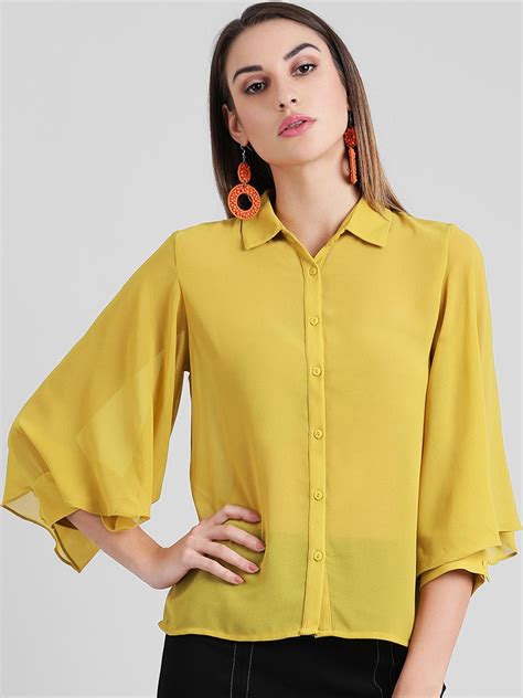 Women Yellow Solid Shirt Style Top Shirt Style Tops Tops Style