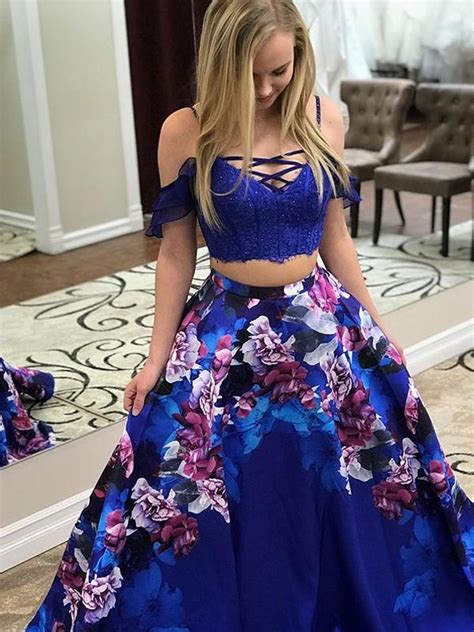 Royal Blue Two Piece Floral Prints Prom Dresses 533 On