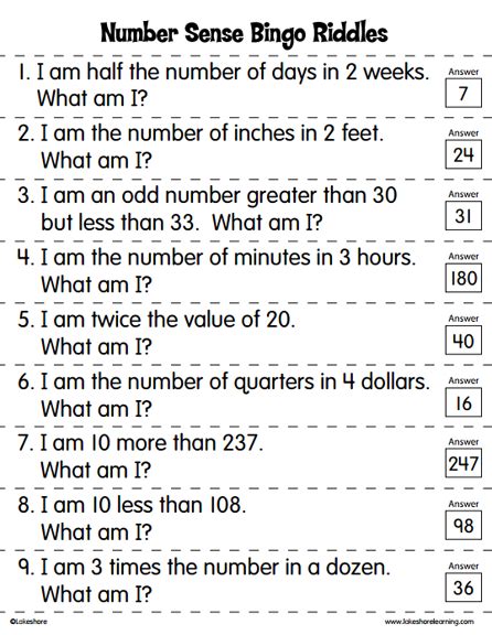 Heres A Set Of 30 Riddles For Use In Playing Number Sense Bingo