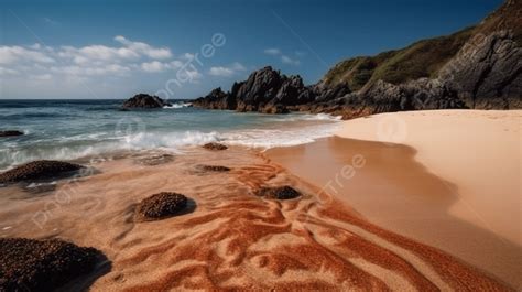 An Orange Red Sandy Beach Next To A Rocky Coast Background Beautiful And Calm Ocean Shoreline