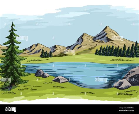 Mountain Lake Graphic Color Landscape Illustration Vector Stock Vector