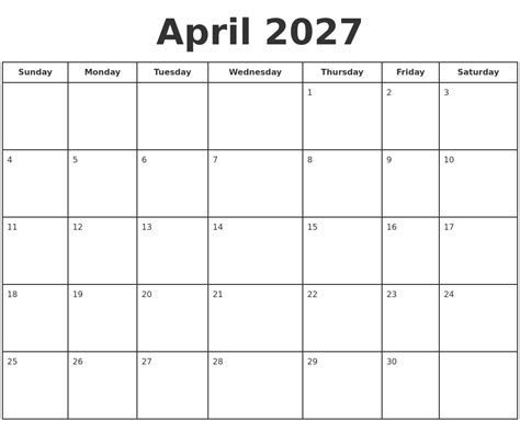 April 2027 Print A Calendar