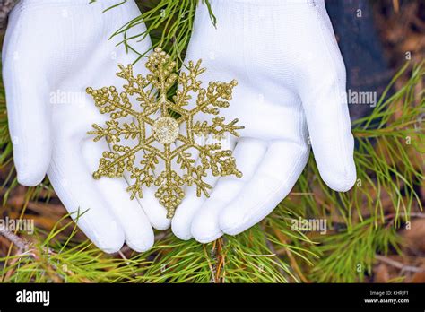 Hands In Gloves Hold Artificial Snowflake Stock Photo Alamy