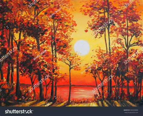 Art Oil Painting Picture Autumn Forest Near The Lake On Sunset Stock