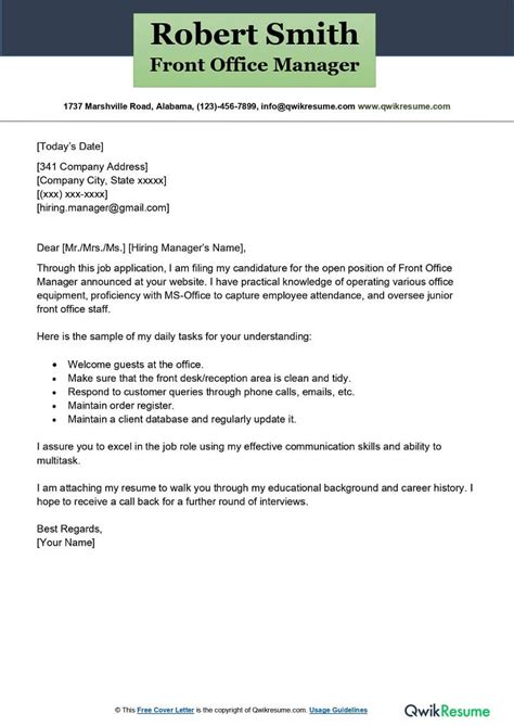Front Office Manager Cover Letter Examples QwikResume
