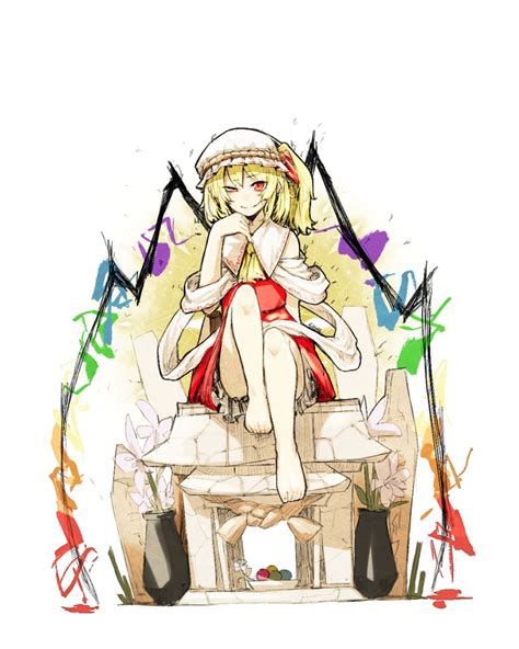1girl Artist Request Ascot Barefoot Blonde Hair Closed Mouth Feet Flandre Scarlet Full Body Hat