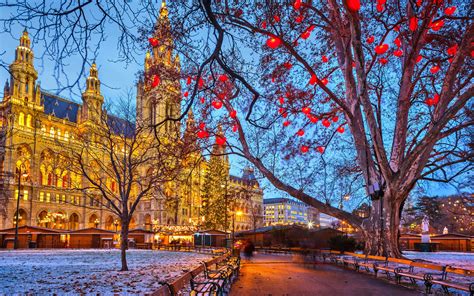 Vienna Austria Town Hall Winter Snow Trees Evening Buildings