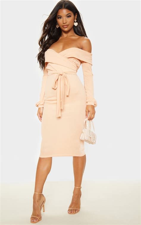 Fawn Long Sleeve Wrap Bardot Midi Dress Prettylittlething Qa