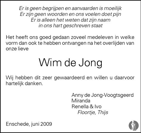 Willem Johan Wim De Jong Overlijdensbericht En